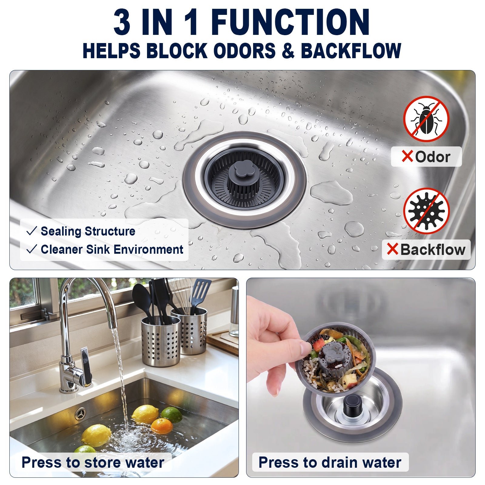 A 3-in-1 sink drain filter shown in a stainless steel kitchen sink, with text explaining that it blocks odors and backflow. The collage includes a close-up of the drain, a sink scene with lemons and running water, and a hand pressing the drain to show storage and draining capabilities.