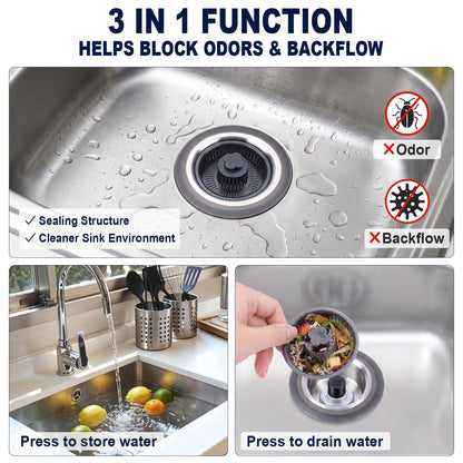 A 3-in-1 sink drain filter shown in a stainless steel kitchen sink, with text explaining that it blocks odors and backflow. The collage includes a close-up of the drain, a sink scene with lemons and running water, and a hand pressing the drain to show storage and draining capabilities.