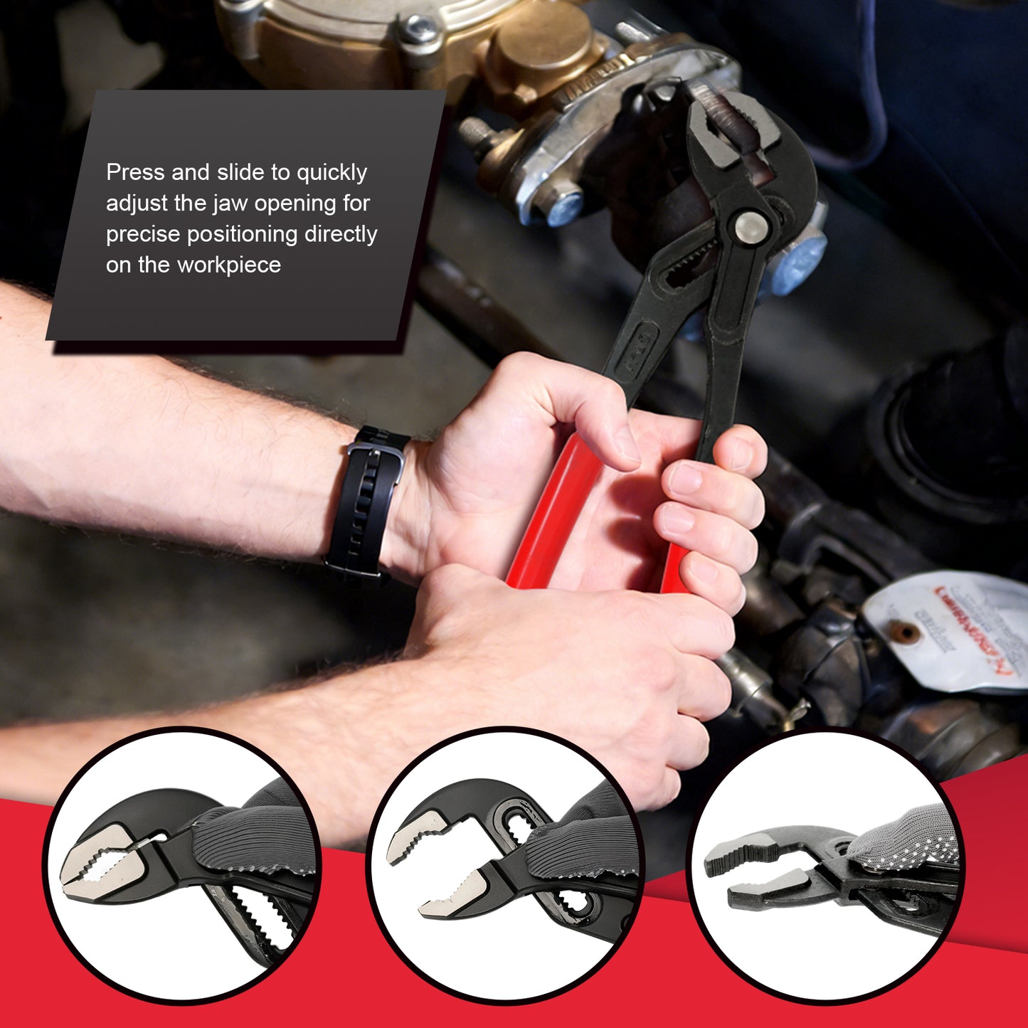 Person using adjustable pliers on a mechanical component with text and inset images of the pliers.