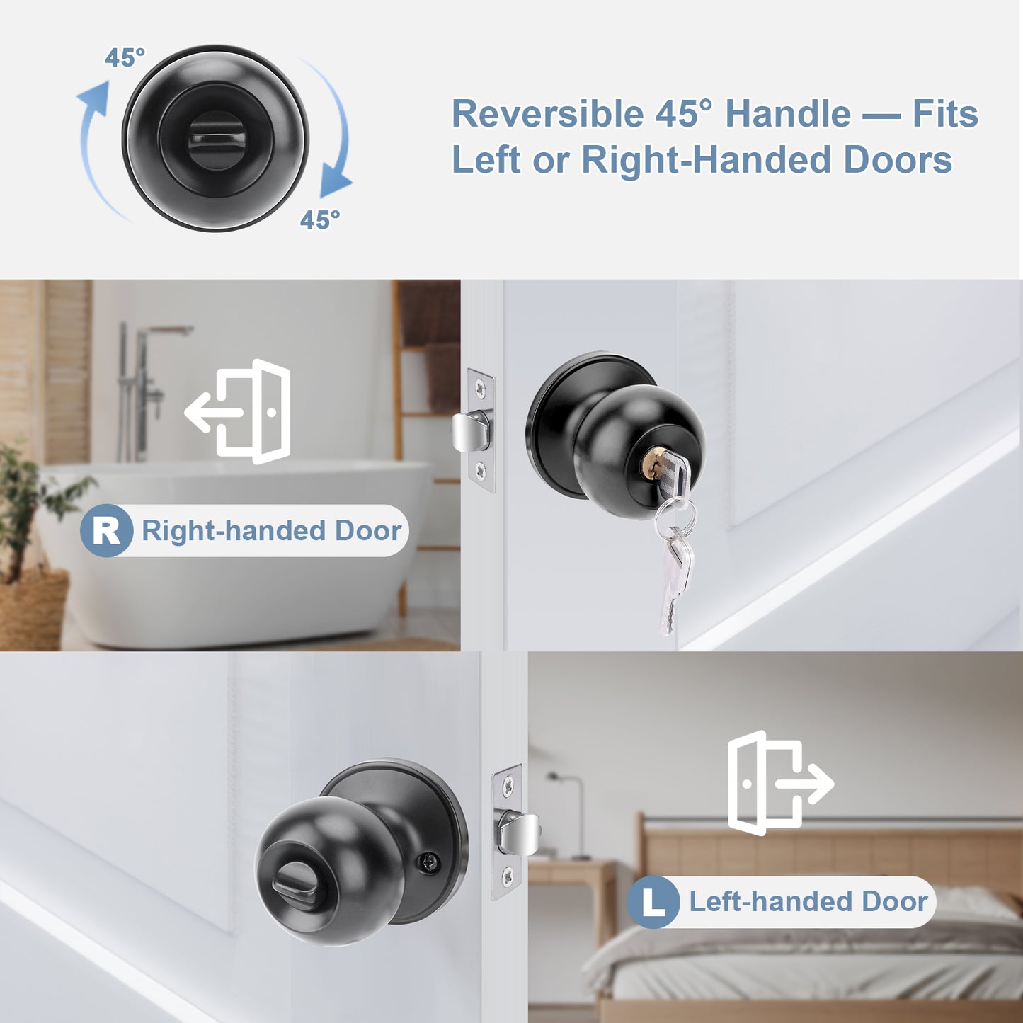 Entry Door Handle Set, Lock with Key, Reversible for Left or Right Hand, Black