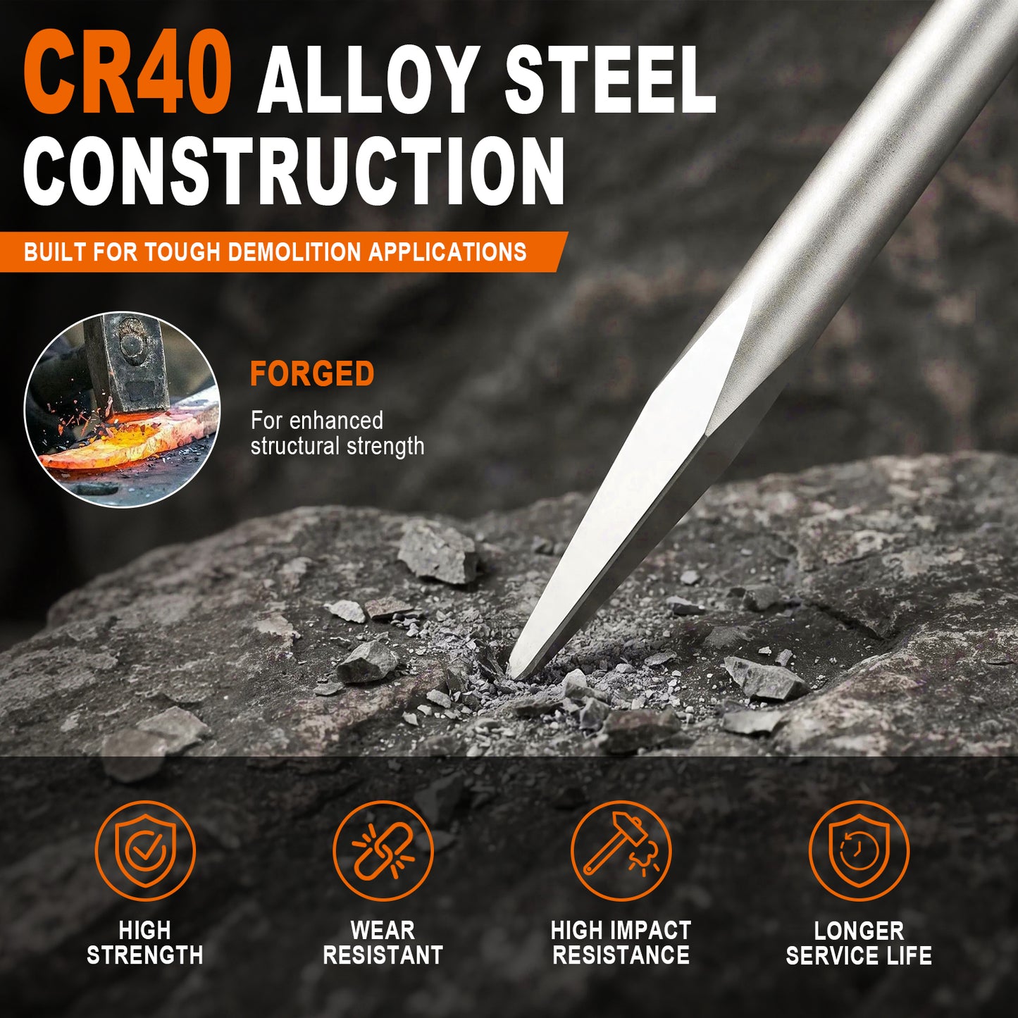A forged CR40 alloy steel demolition hammer bit shown in use against a dark rock, with promotional text highlighting its toughness, impact resistance, and wear resistance.