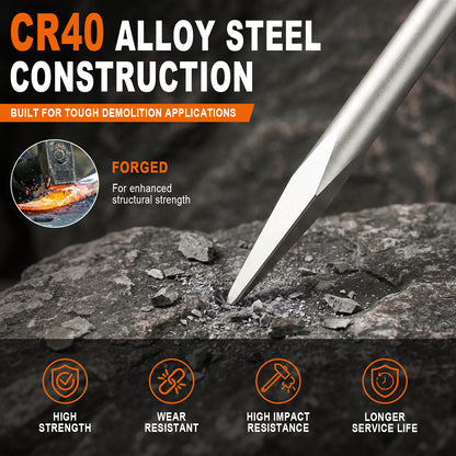 A forged CR40 alloy steel demolition hammer bit shown in use against a dark rock, with promotional text highlighting its toughness, impact resistance, and wear resistance.