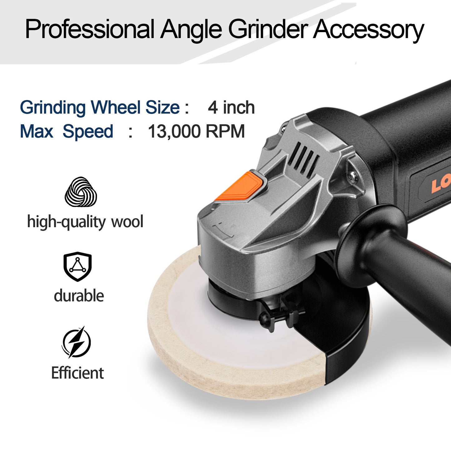 Professional angle grinder accessory with grinding wheel size, max speed, and features listed.