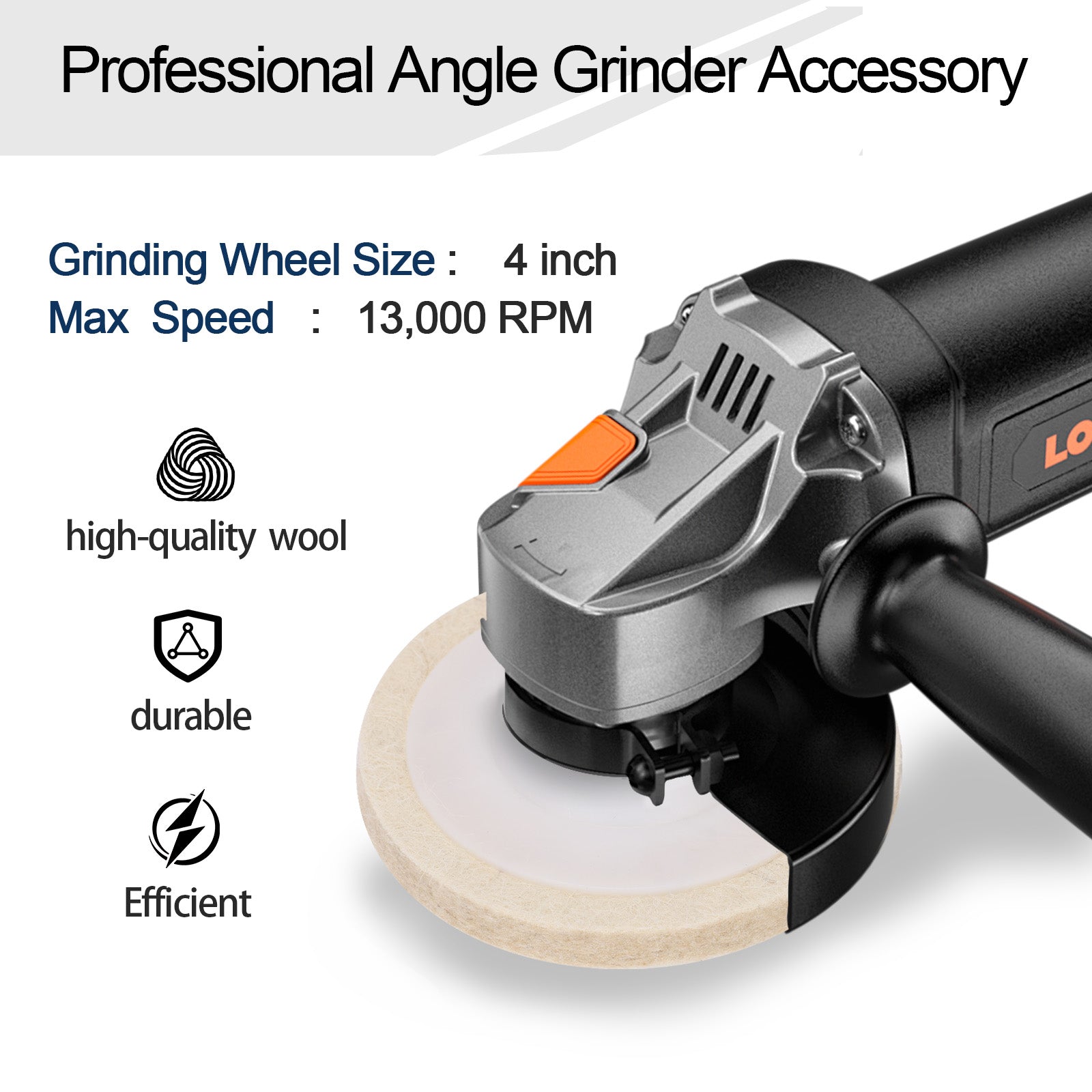 Professional angle grinder accessory with grinding wheel size, max speed, and features listed.