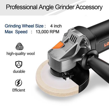 Professional angle grinder accessory with grinding wheel size, max speed, and features listed.