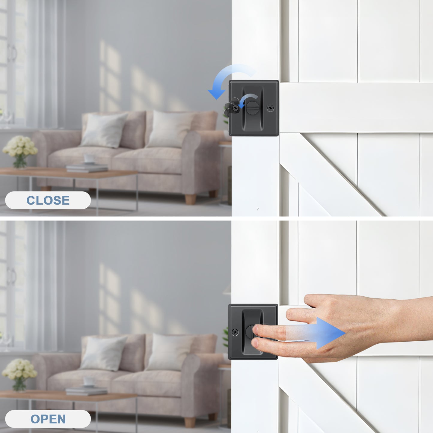 Square-Shaped Slotted Sliding Door Lock, Black Stainless Steel, Privacy Model