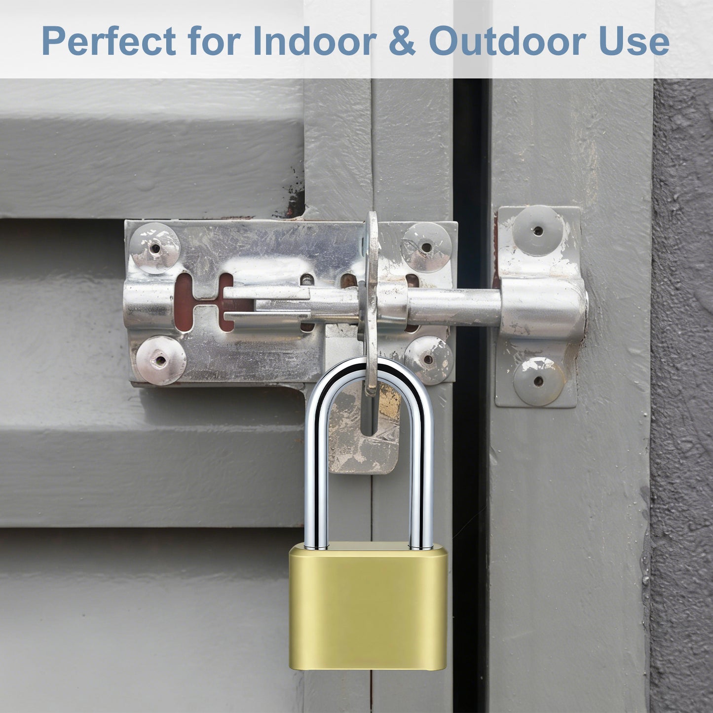 Lock on a metal gate with text 'Perfect for Indoor & Outdoor Use'.