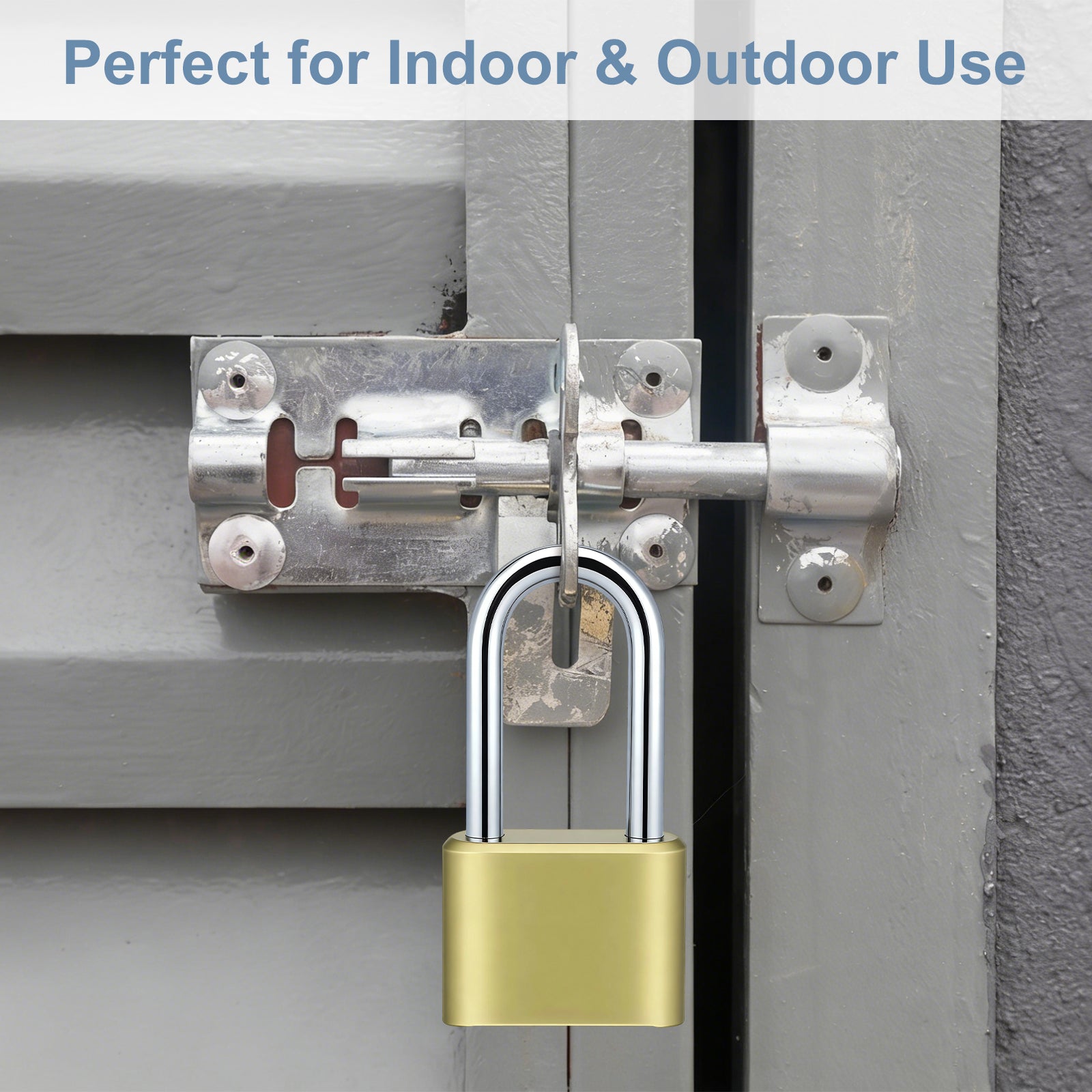 Lock on a metal gate with text 'Perfect for Indoor & Outdoor Use'.