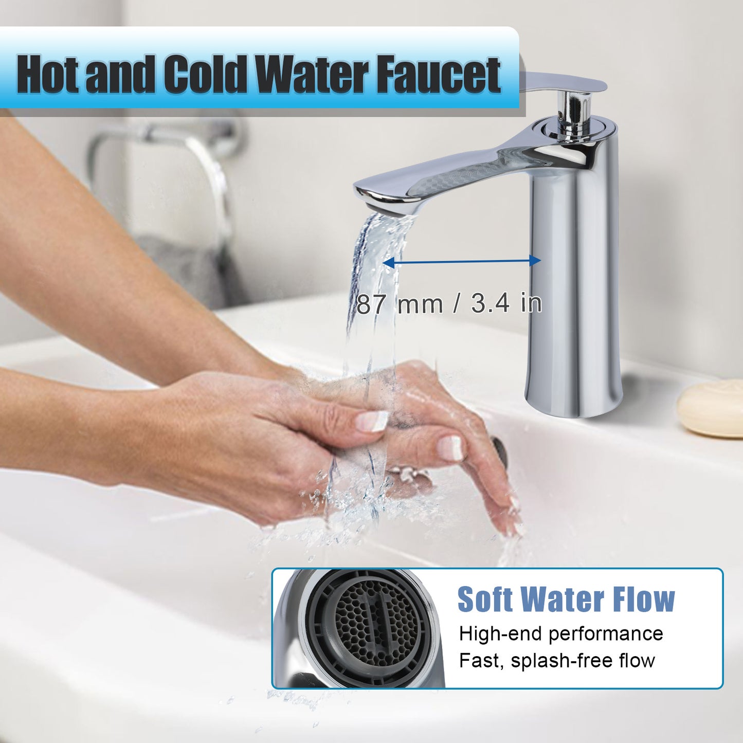 Hot and cold water faucet with hands washing under it, showing water flow and dimensions.