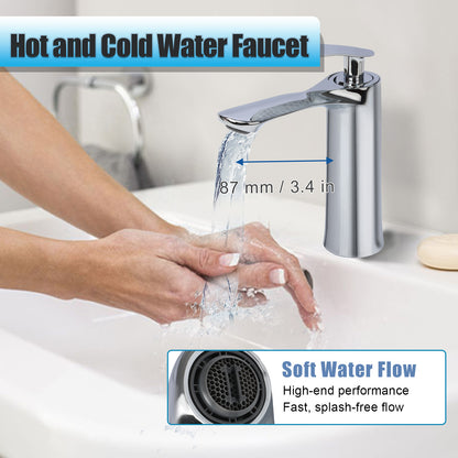 Hot and cold water faucet with hands washing under it, showing water flow and dimensions.