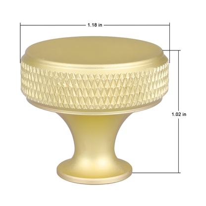 Gold cabinet knob with textured design and dimensions on a white background