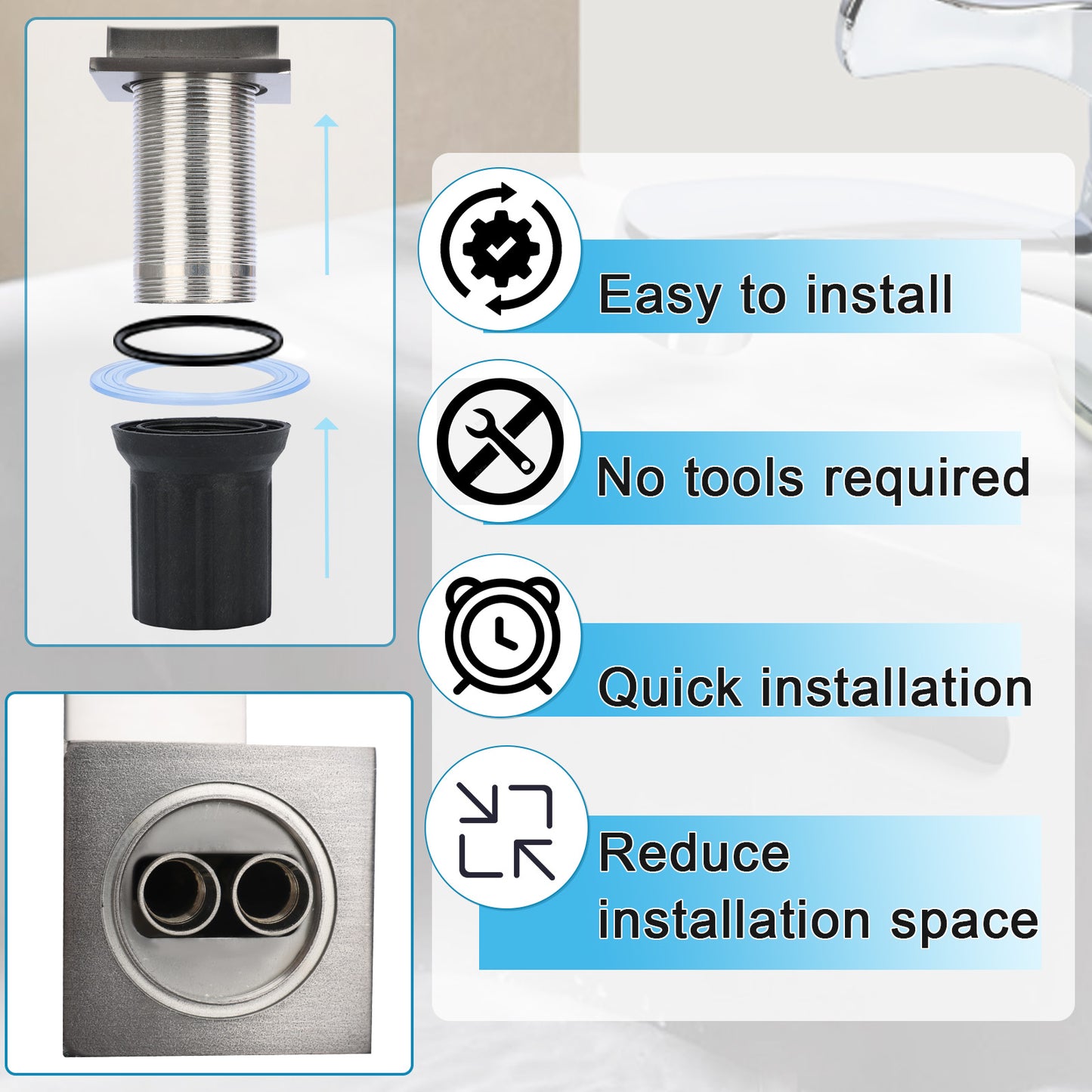 Bathroom sink drain assembly with installation instructions and features.