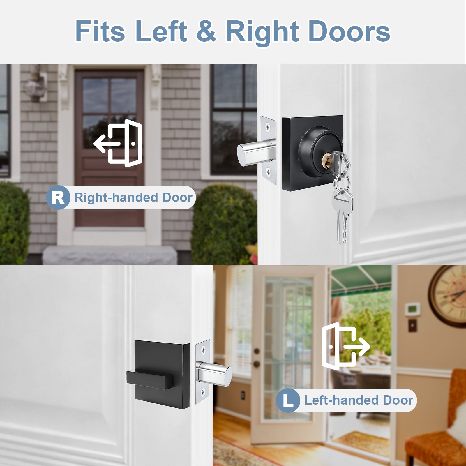 Door handle and lock system with text indicating compatibility for left and right-handed doors.