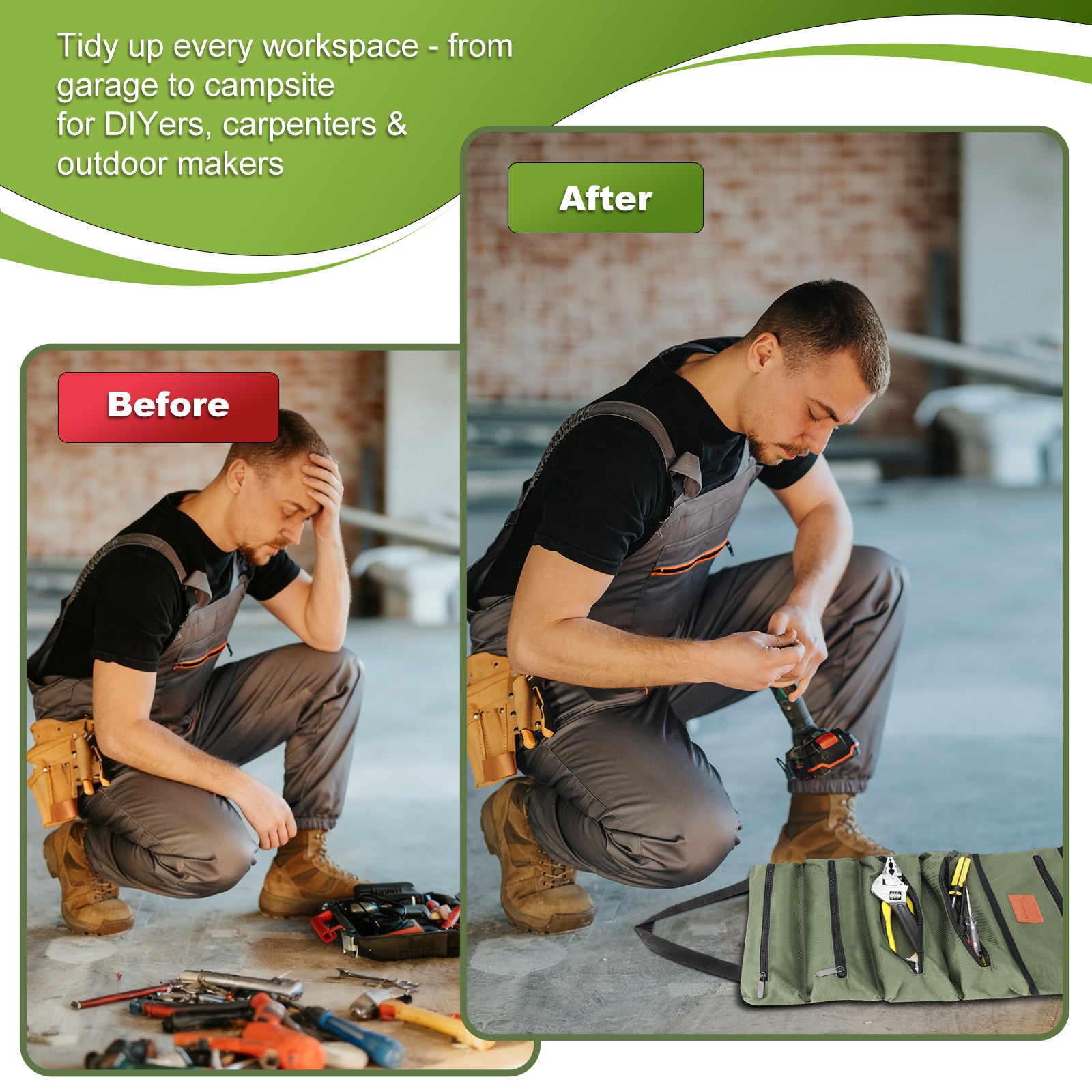 Before and after comparison of a person tidying up a workspace with tools.