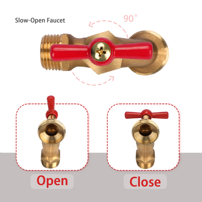 Brass slow-open faucet with red handle showing open and close positions on a white background.