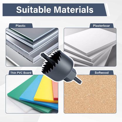 Suitable materials for a tool or device, including plastic, plasterboard, thin PVC board, and softwood.