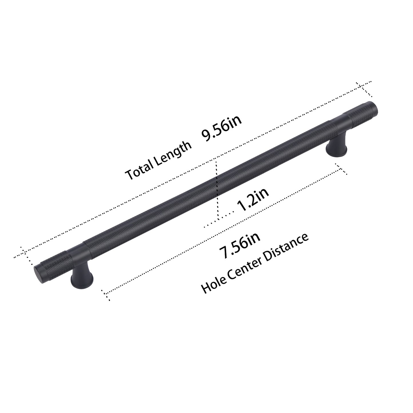 Black cabinet handle with measurements on a white background