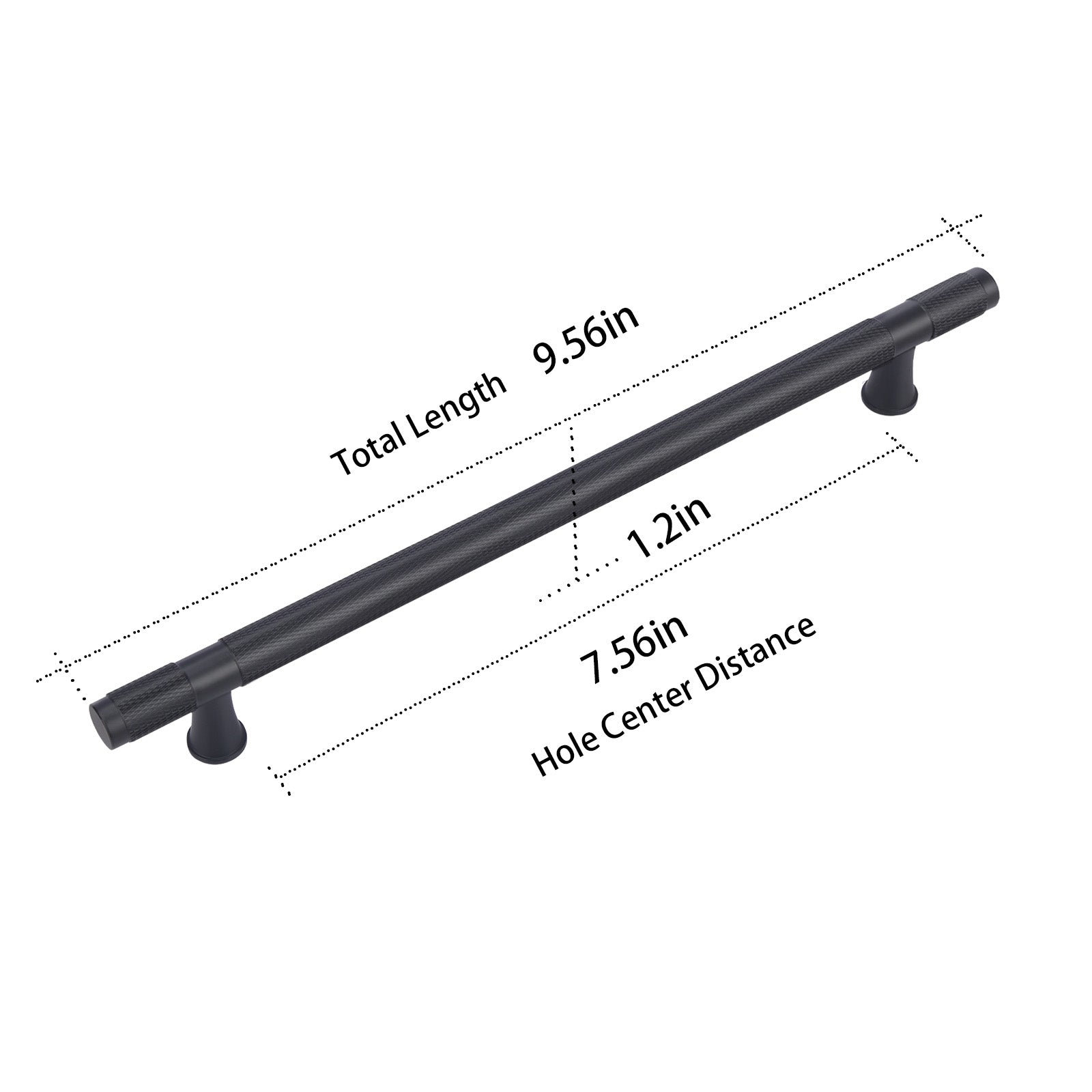 Black cabinet handle with measurements on a white background