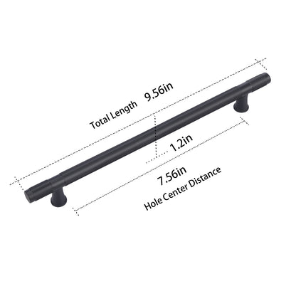Black cabinet handle with measurements on a white background