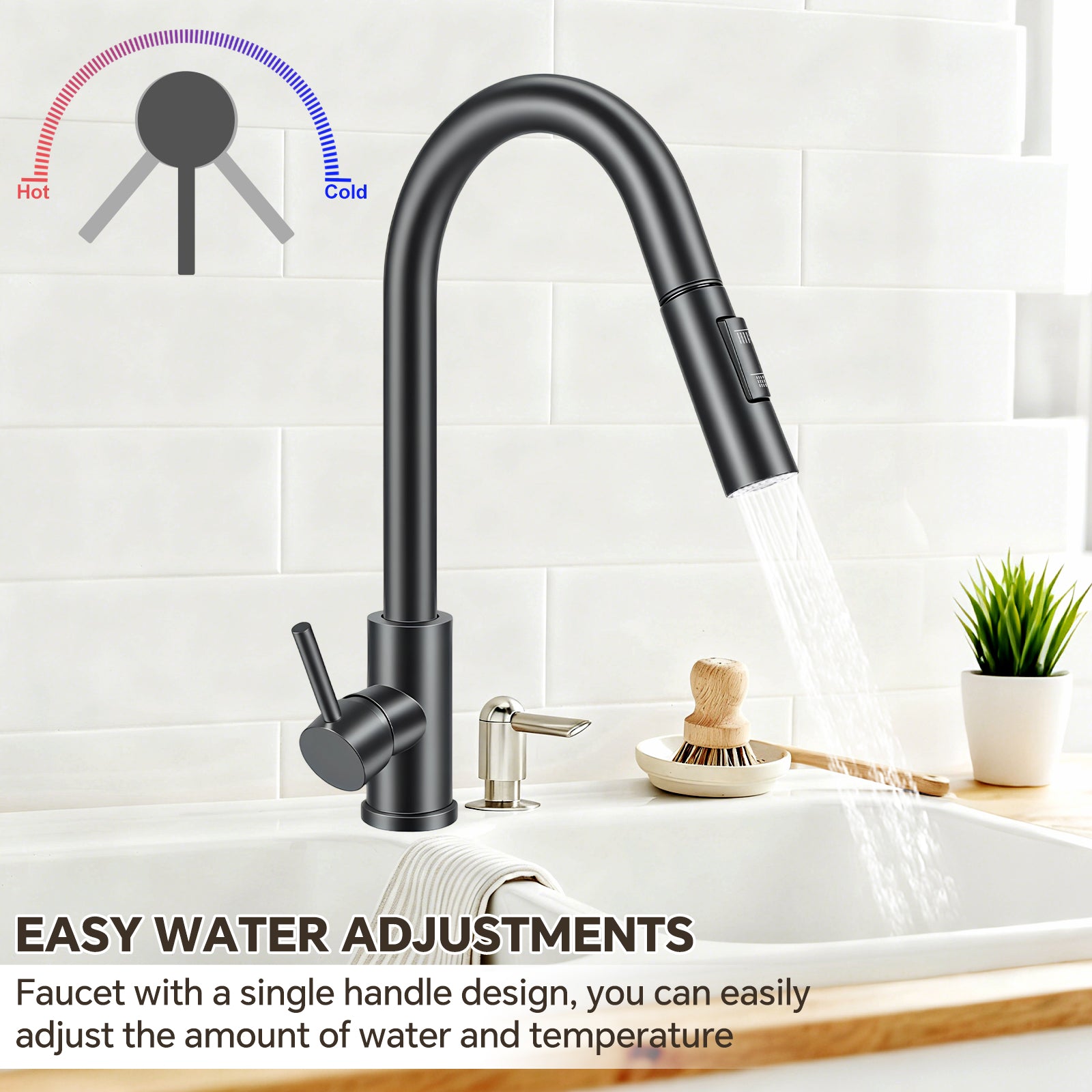 Black kitchen faucet with water flowing, set against a white tiled wall.