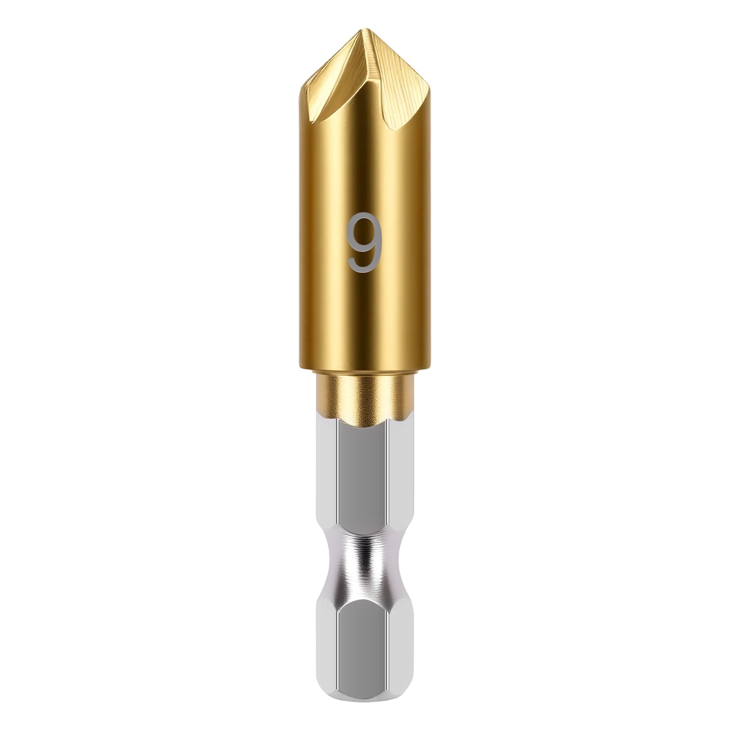 Gold and silver drill bit with number 9 on a white background