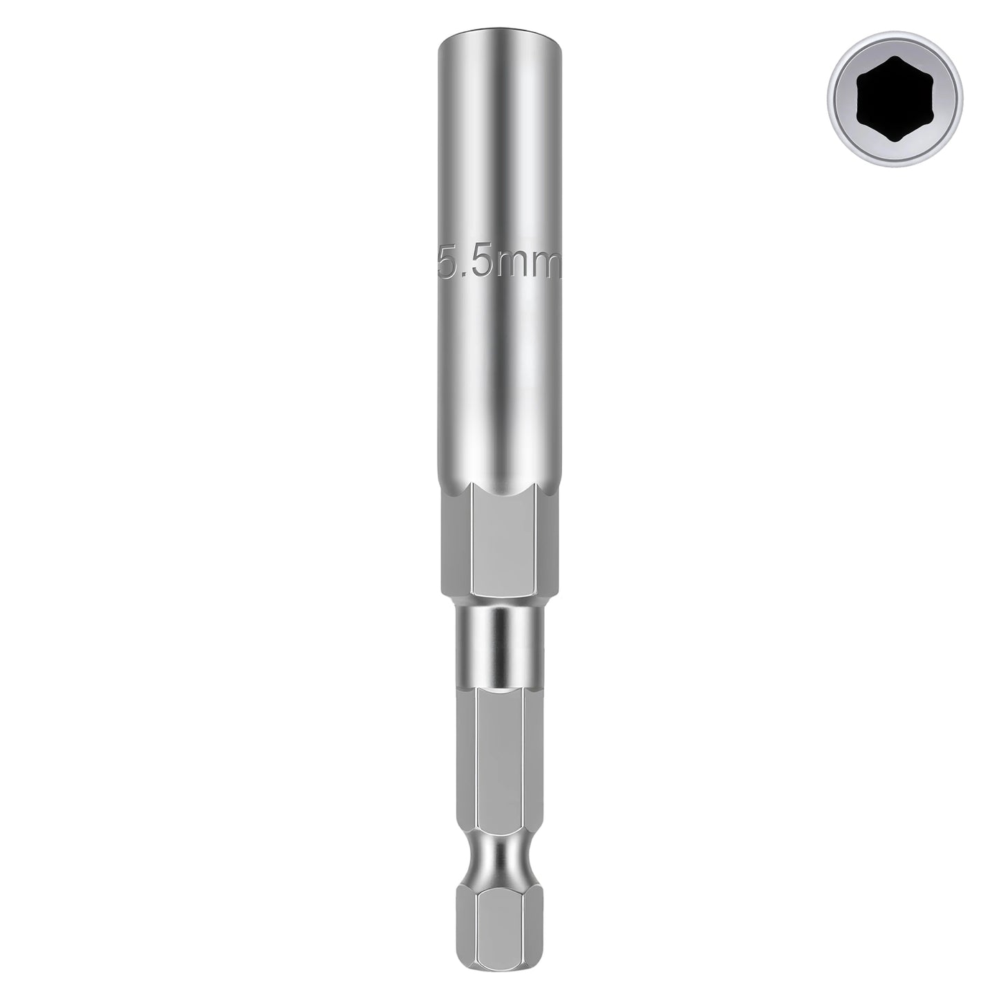 A silver metal socket adapter tool with a hex shank and a 5.5mm socket bit, shown vertically on a white background with a small circular inset of the hex socket opening in the top right.