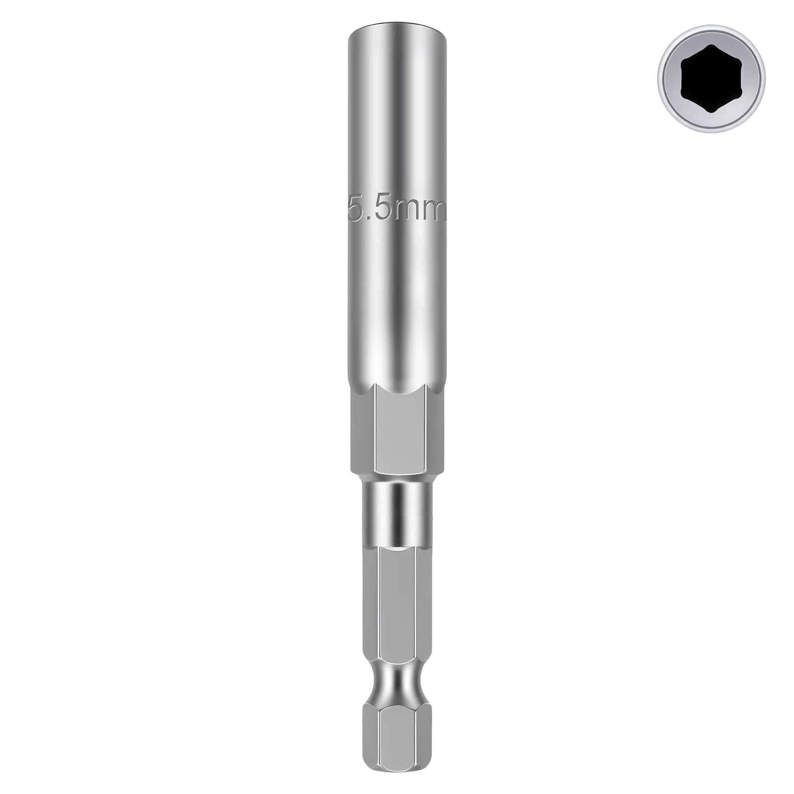 A silver metal socket adapter tool with a hex shank and a 5.5mm socket bit, shown vertically on a white background with a small circular inset of the hex socket opening in the top right.