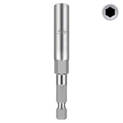 A silver metal socket adapter tool with a hex shank and a 5.5mm socket bit, shown vertically on a white background with a small circular inset of the hex socket opening in the top right.