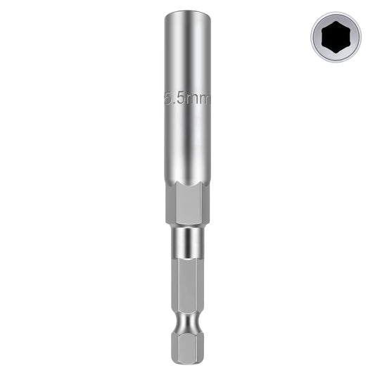 A silver metal socket adapter tool with a hex shank and a 5.5mm socket bit, shown vertically on a white background with a small circular inset of the hex socket opening in the top right.