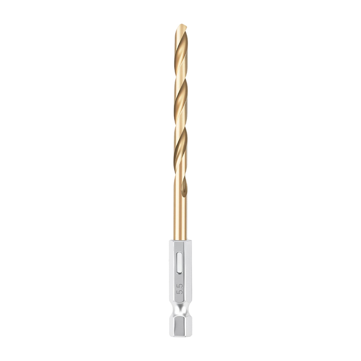 Drill bit with gold shank and silver ferrule on a white background