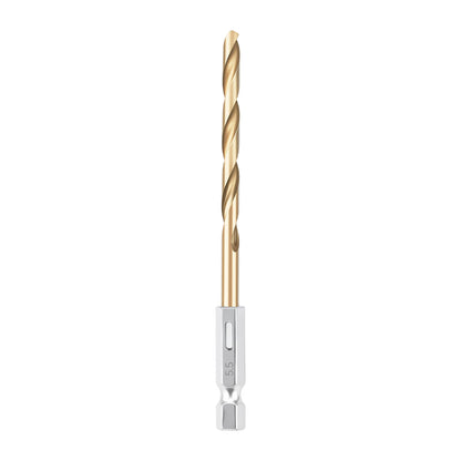 Drill bit with gold shank and silver ferrule on a white background