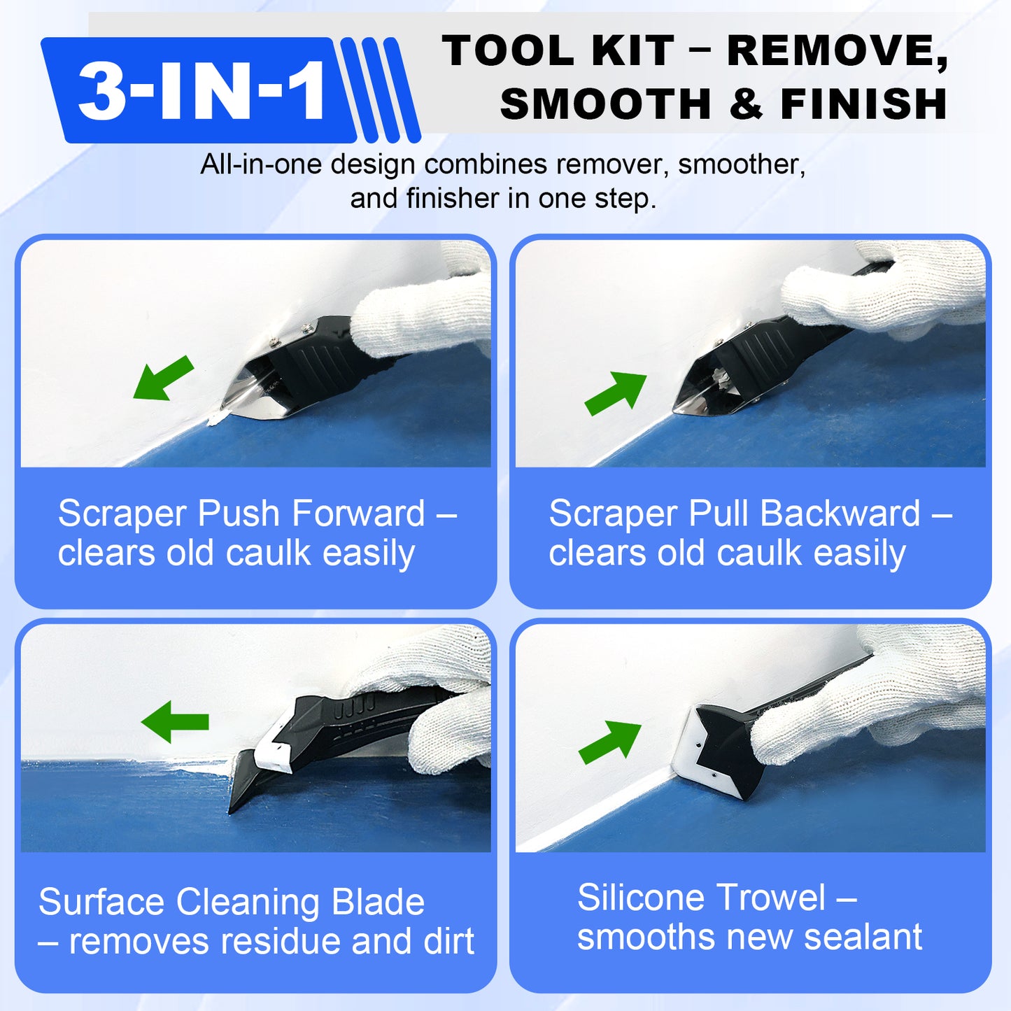 3-in-1 tool kit for removing, smoothing, and finishing with images and text description.