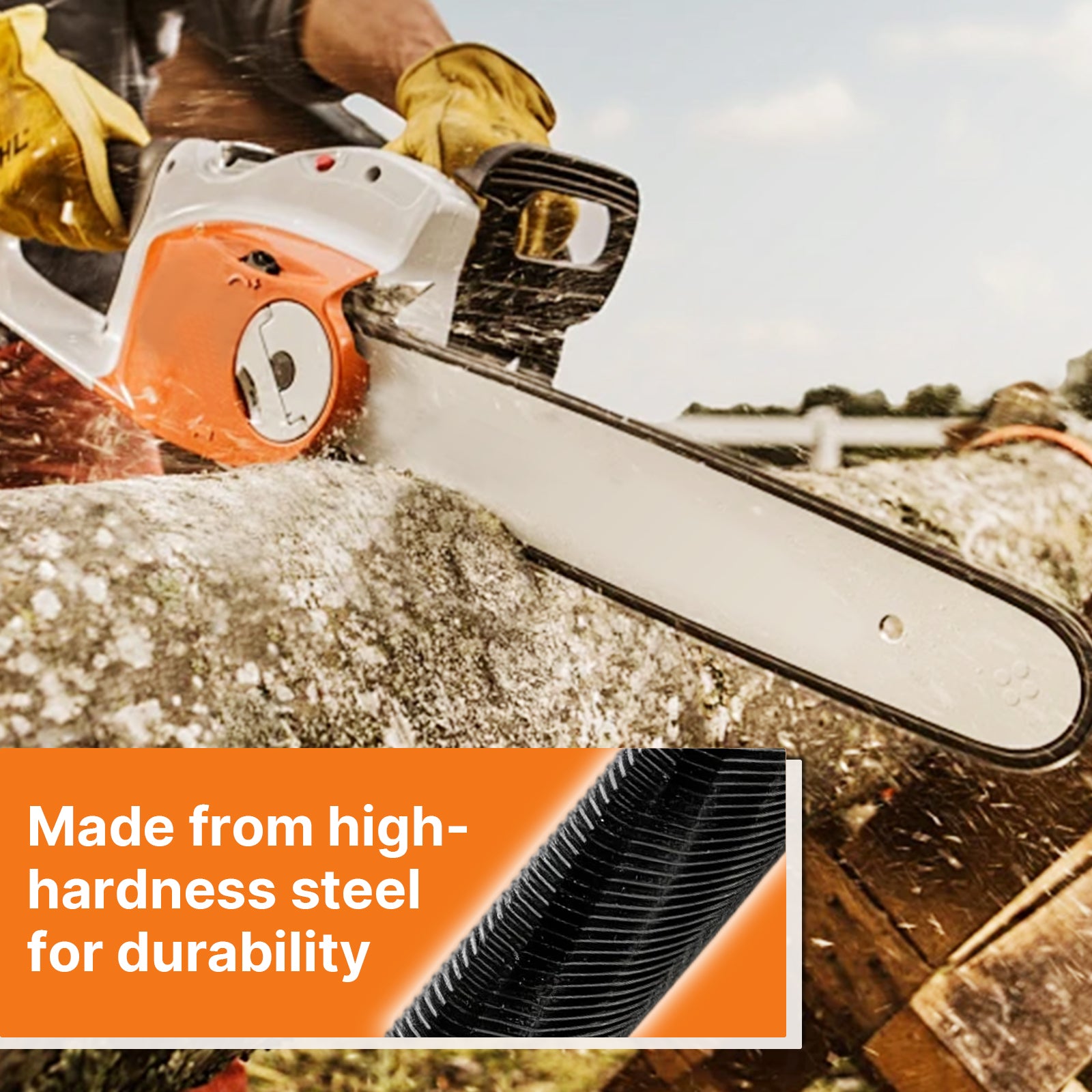 Person using a chainsaw with an emphasis on durability text overlay