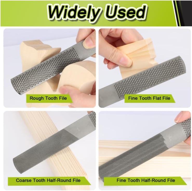 Four different types of files being used on wood with text labels.