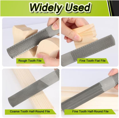 Four different types of files being used on wood with text labels.