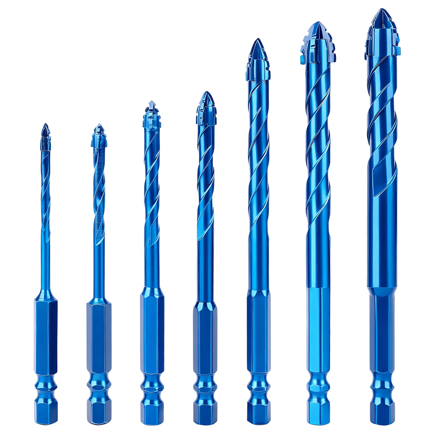 Set of blue drill bits on a white background