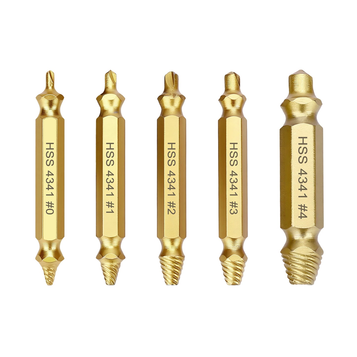 5-Piece Screw Extractor Set, 4341 HSS Titanium-Coated, for Stripped, Broken, Rusted Screws
