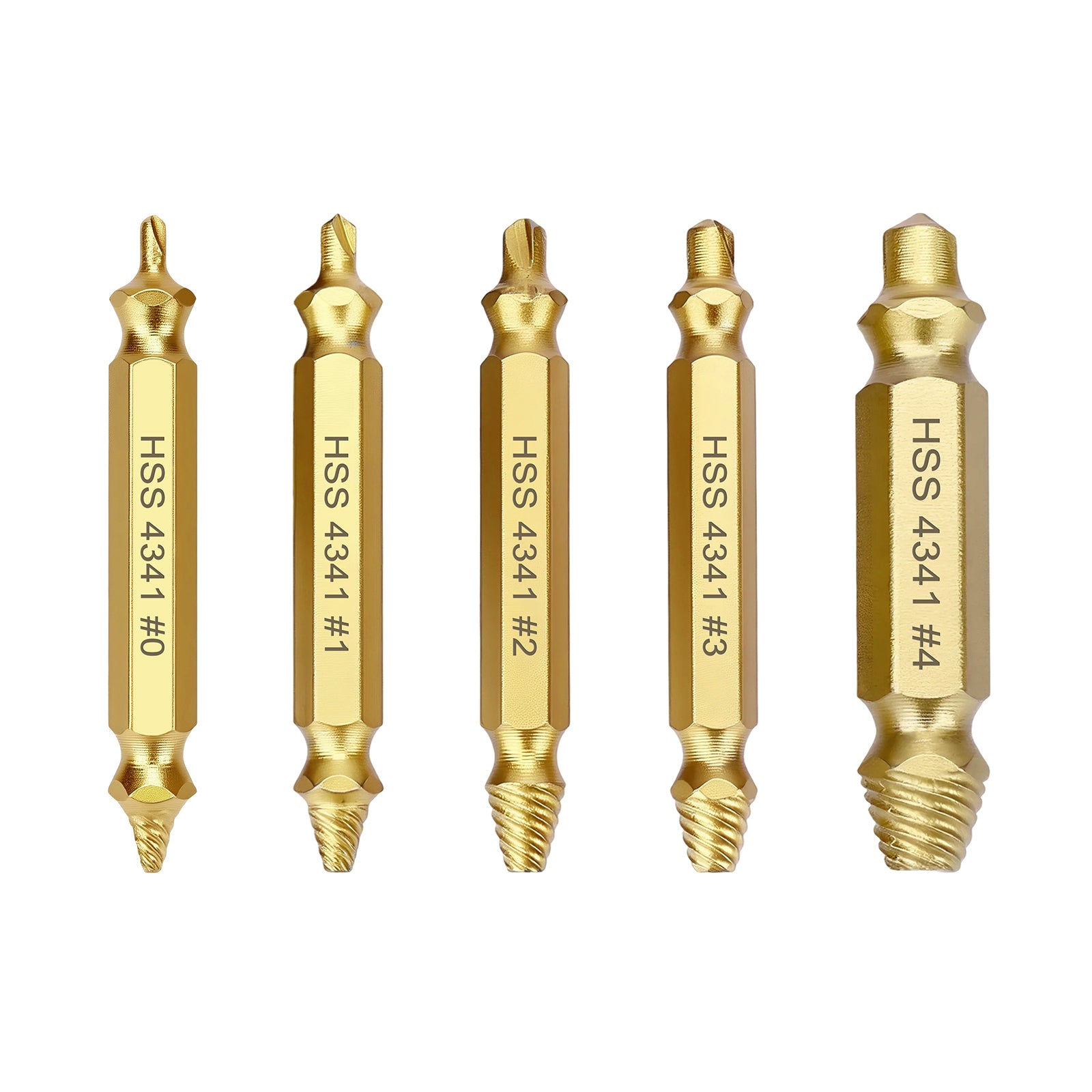 5-Piece Screw Extractor Set, 4341 HSS Titanium-Coated, for Stripped, Broken, Rusted Screws