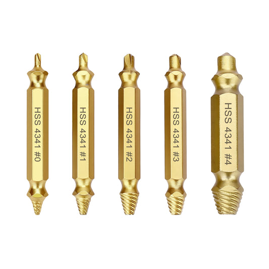 5-Piece Screw Extractor Set, 4341 HSS Titanium-Coated, for Stripped, Broken, Rusted Screws
