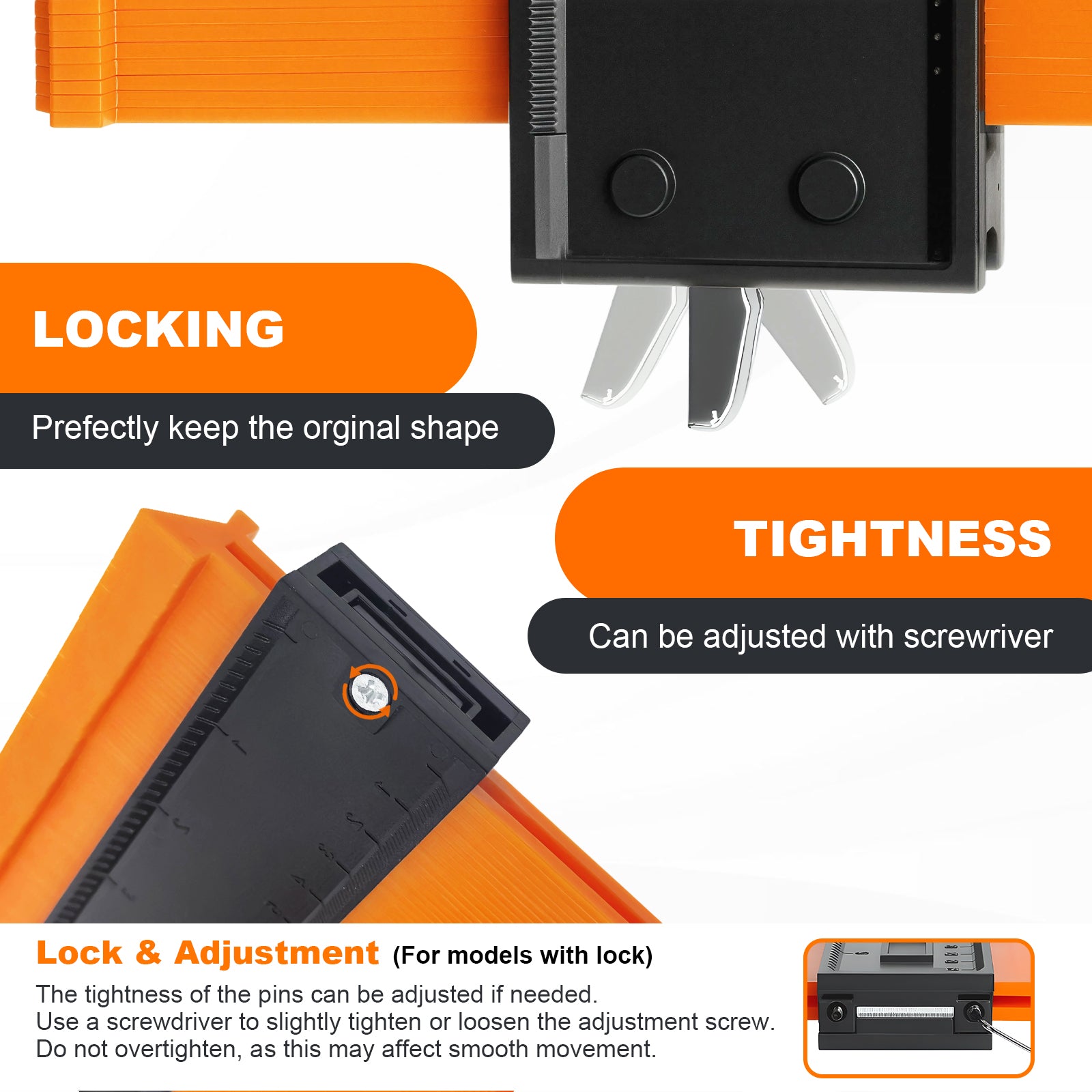 Product with locking and adjustment features on an orange and black background