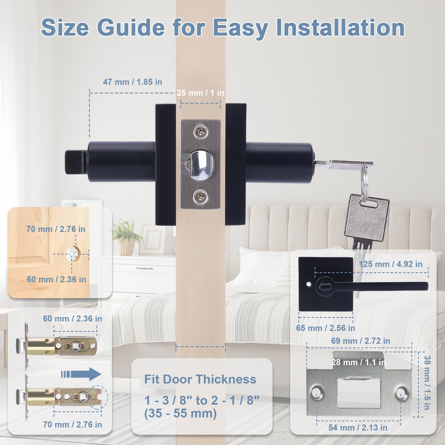Door handle size guide with measurements and installation instructions on a neutral background.