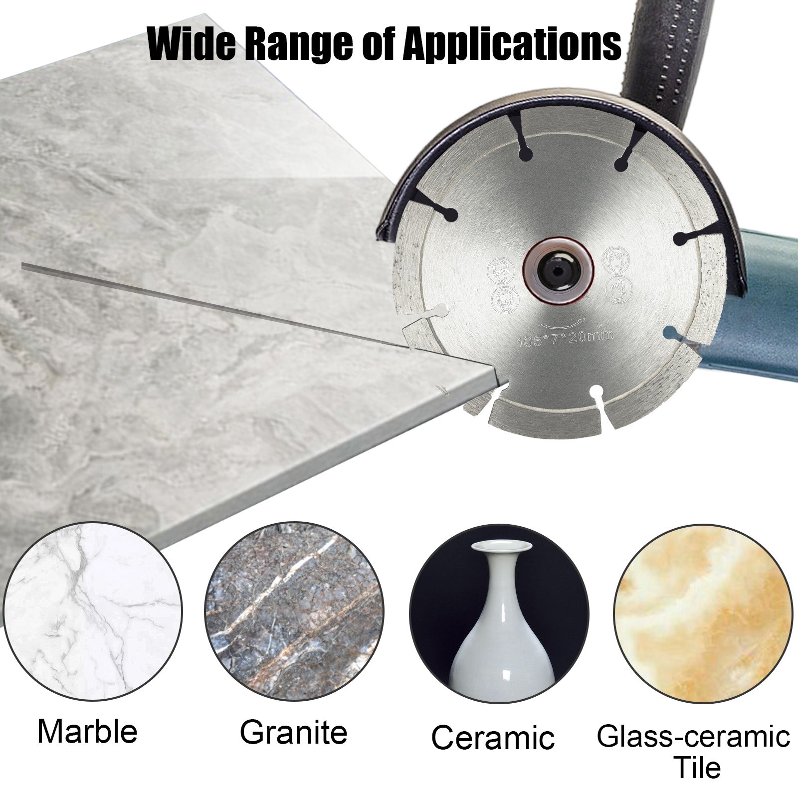 Tile cutting wheel with a marble, granite, ceramic, and glass-ceramic tile sample below it.