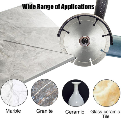 Tile cutting wheel with a marble, granite, ceramic, and glass-ceramic tile sample below it.