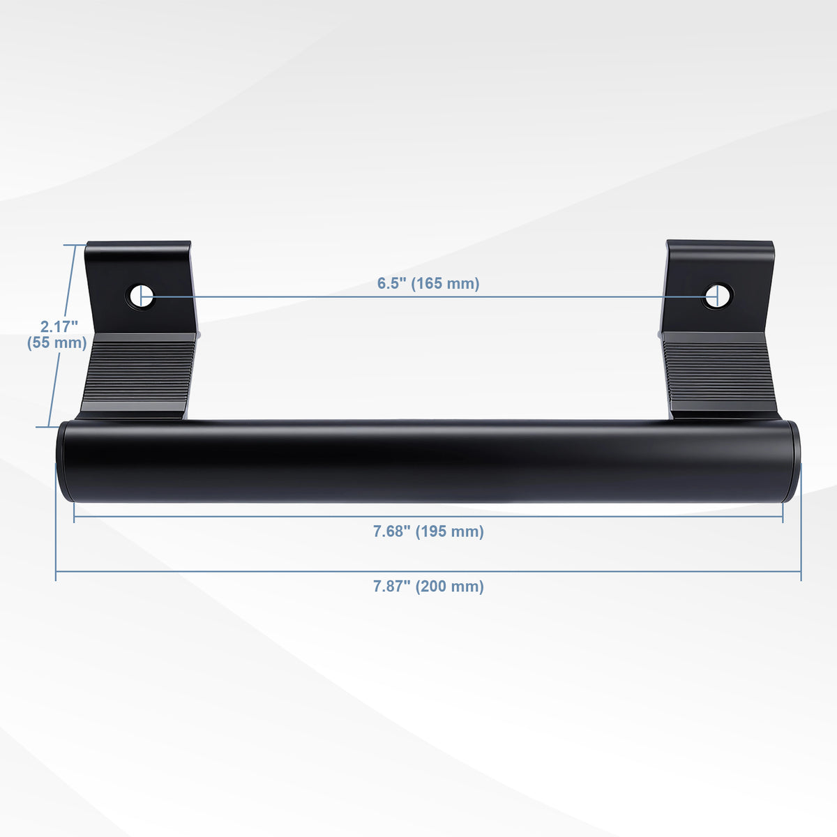 Black metal wall-mounted bar with dimension callouts showing width and height measurements on a light gray background.