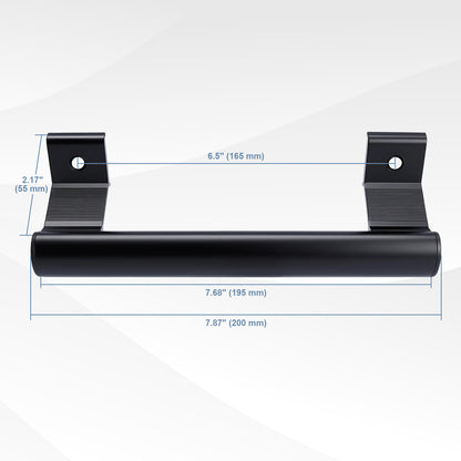 Black metal wall-mounted bar with dimension callouts showing width and height measurements on a light gray background.