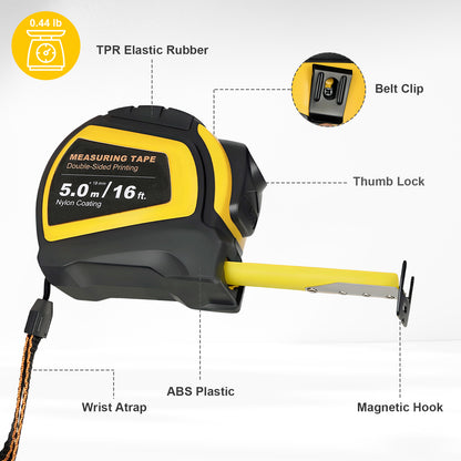 Measuring tape with labeled features on a white background