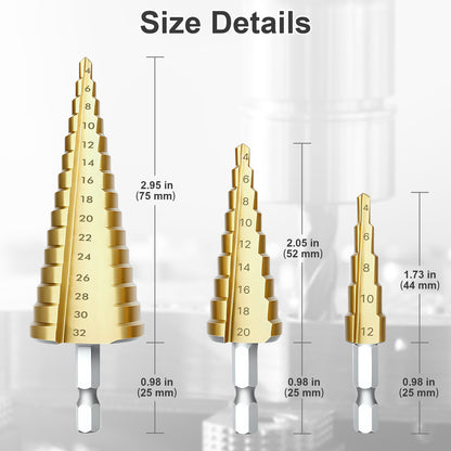 Three gold step drill bits with measurements on a light gray background