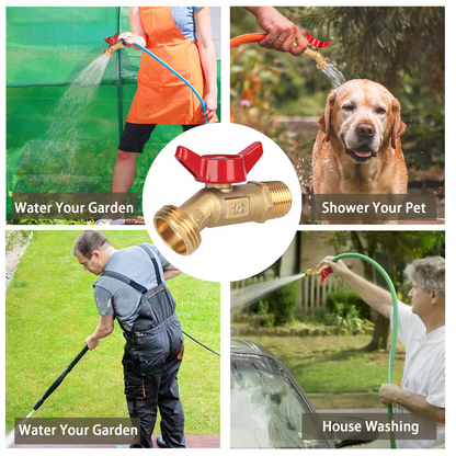 Collage of a brass valve with uses for watering garden, showering pet, and washing car.