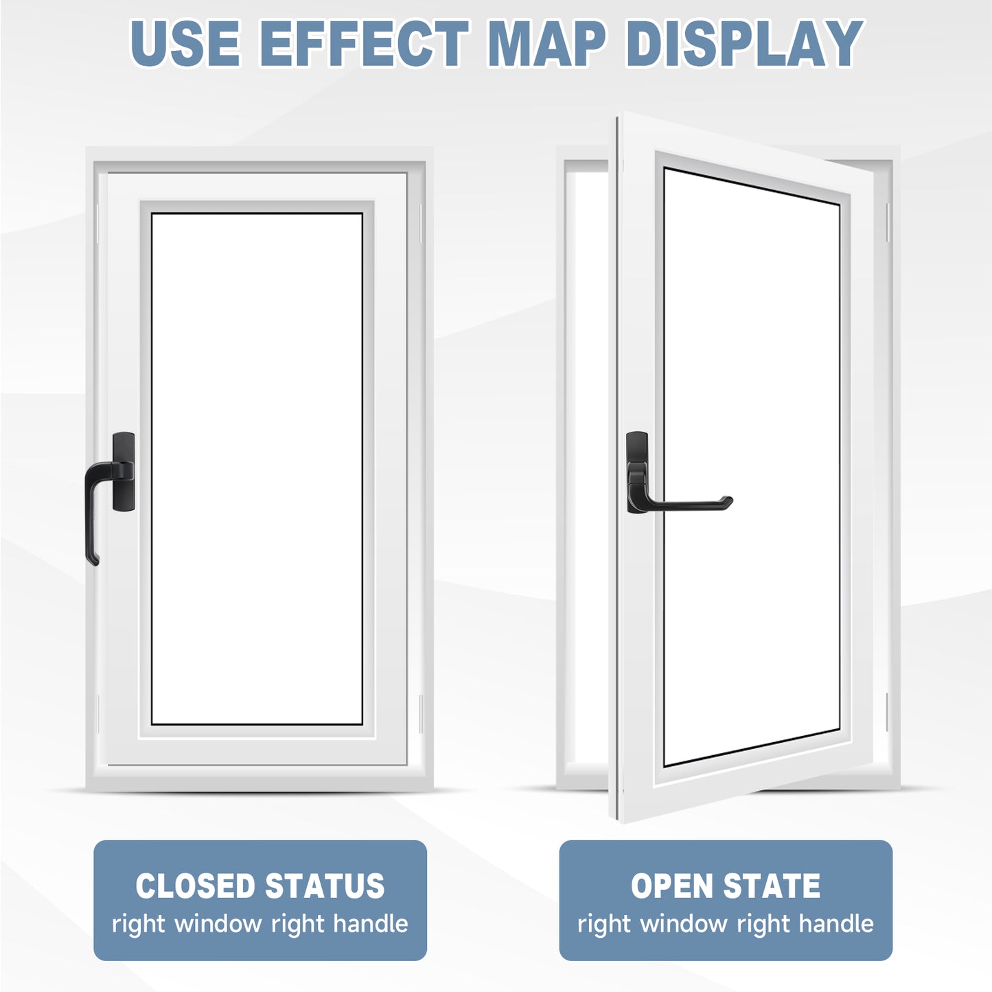 A product comparison graphic showing a white-framed window in two states: closed on the left and open on the right, with text labels 'CLOSED STATUS' and 'OPEN STATE' and the heading 'USE EFFECT MAP DISPLAY'.