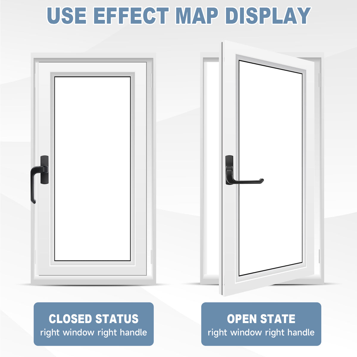 A product comparison graphic showing a white-framed window in two states: closed on the left and open on the right, with text labels 'CLOSED STATUS' and 'OPEN STATE' and the heading 'USE EFFECT MAP DISPLAY'.